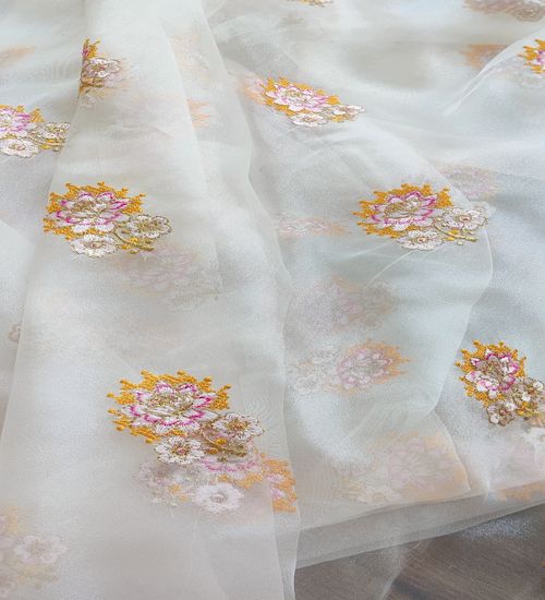 Multicoloured floral thread and zari embroidered white organza fabric