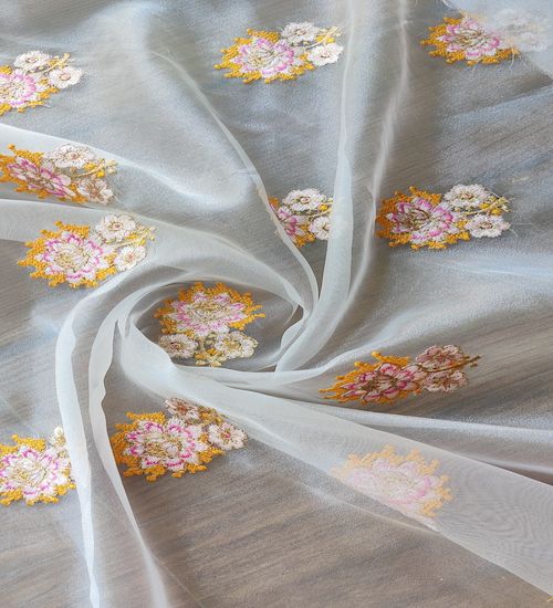 Multicoloured floral thread and zari embroidered white organza fabric