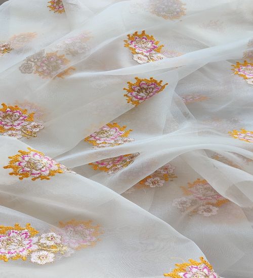 Multicoloured floral thread and zari embroidered white organza fabric