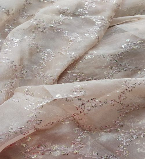 Light brown traditional thread and sequins organza fabric