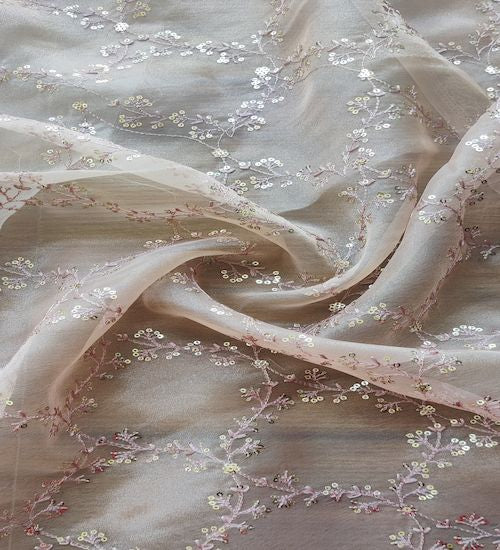 Light brown traditional thread and sequins organza fabric