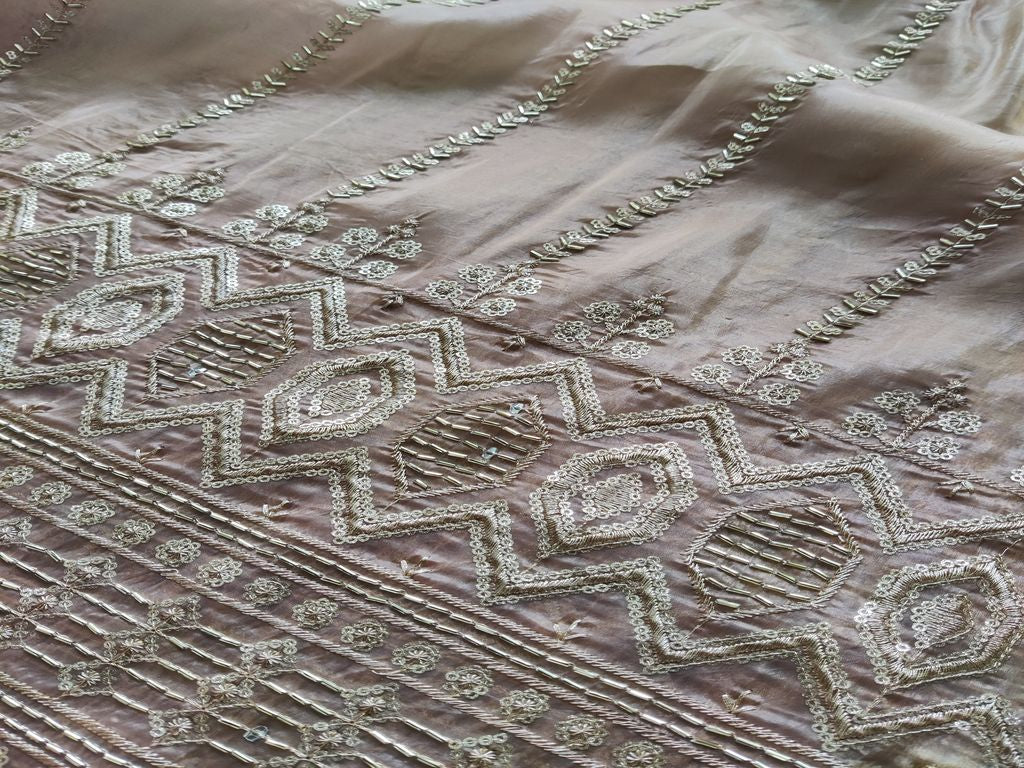 Beads & Sequins Embroidered Nude Brown Tissue Fabric