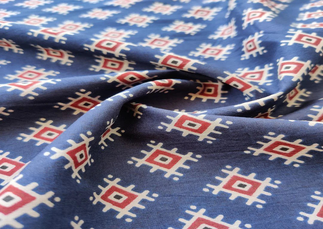 Indigo Blue Red Traditional Geometric Printed Cotton Fabric