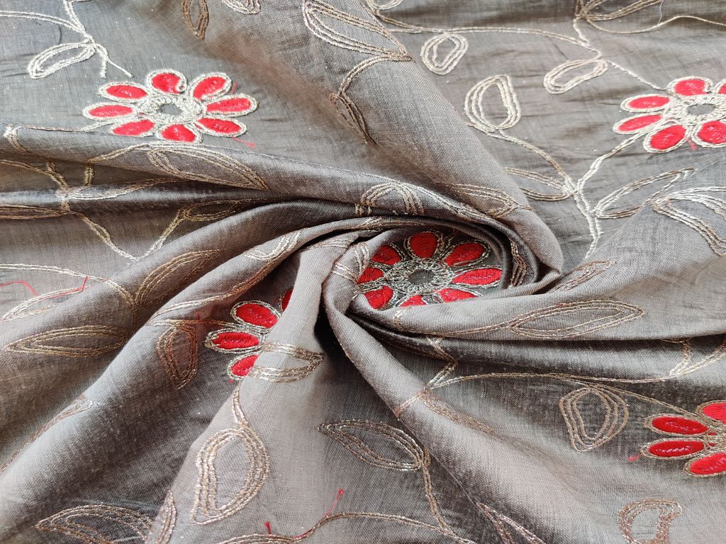 Beige red Flowers Embroidered Chanderi Fabric
