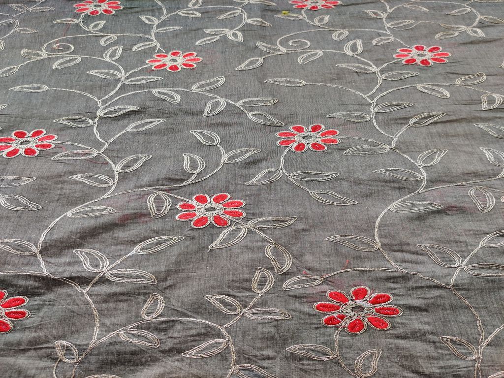 Beige red Flowers Embroidered Chanderi Fabric