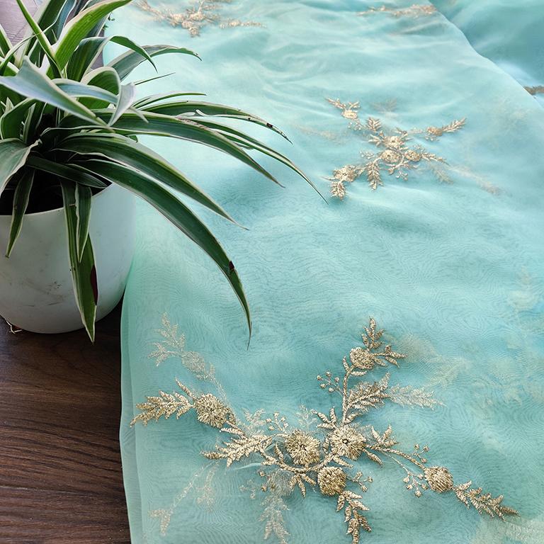 Light Green Floral Embroidered Organza Fabric With Scallops