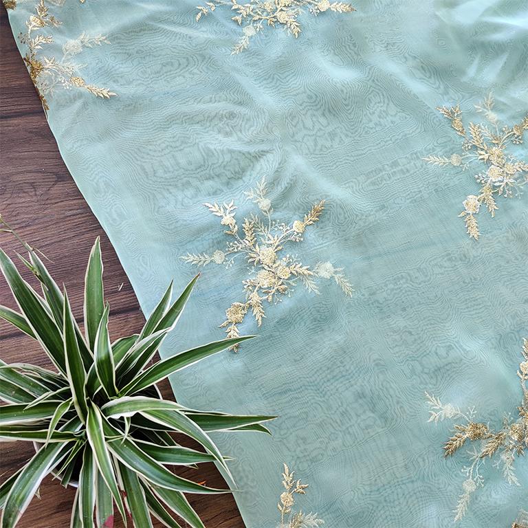 Light Green Floral Embroidered Organza Fabric With Scallops