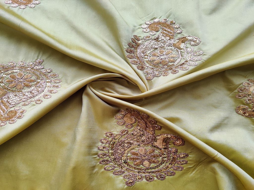 Light Green Golden Sequins Dori Floral Motifs Embroidered Taffeta Silk Fabric
