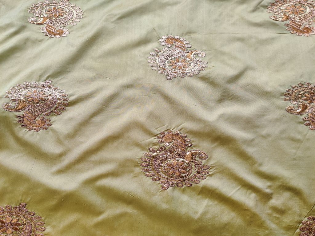 Light Green Golden Sequins Dori Floral Motifs Embroidered Taffeta Silk Fabric