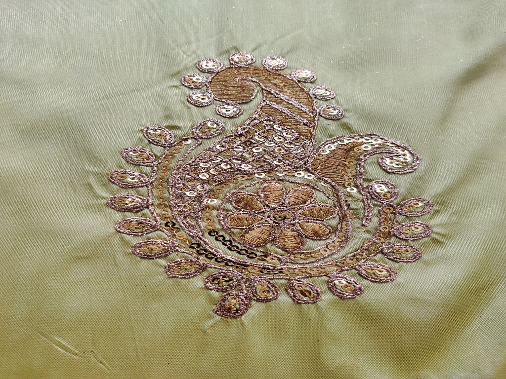 Light Green Golden Sequins Dori Floral Motifs Embroidered Taffeta Silk Fabric