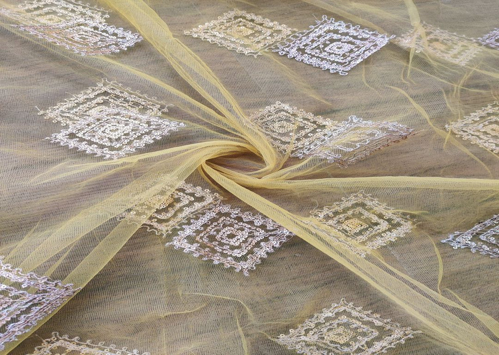Lime Yellow Sequins And Dori Motifs Net Fabric