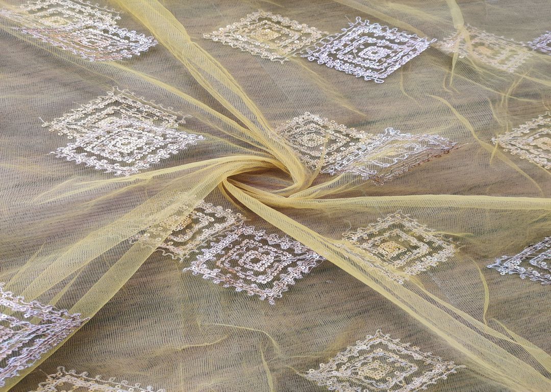 Lime Yellow Sequins And Dori Motifs Net Fabric
