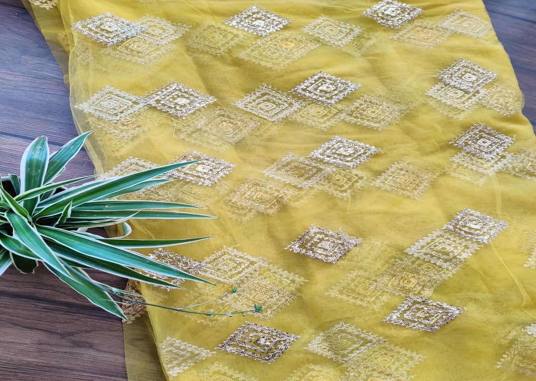 Lime Yellow Sequins And Dori Motifs Net Fabric