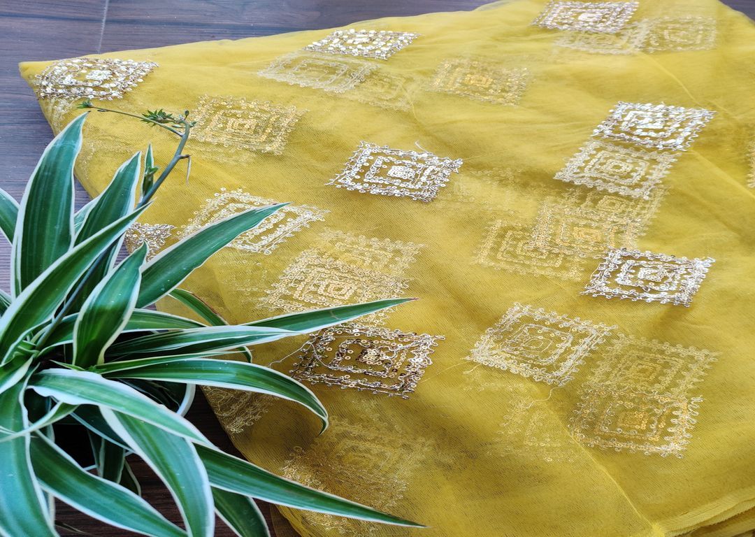 Lime Yellow Sequins And Dori Motifs Net Fabric