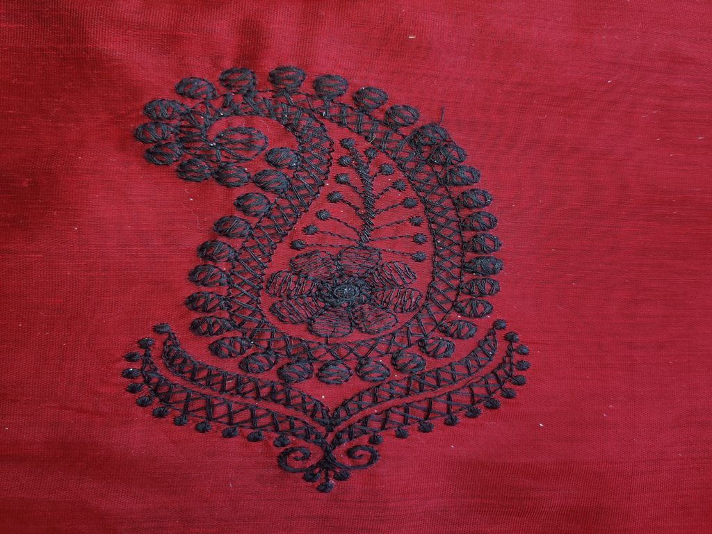 Maroon Black Paisleys Lakhnawi Embroidered Chanderi Fabric