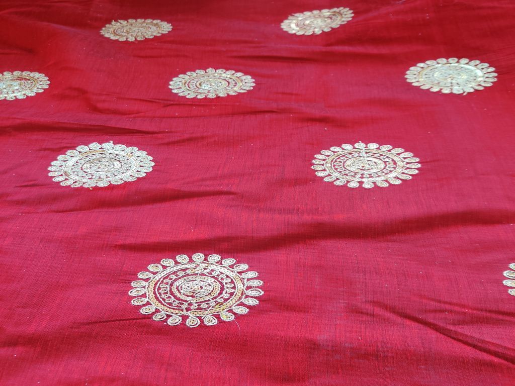 Maroon Flowers Sequins Dori Buttas Embroidered Chanderi Fabric