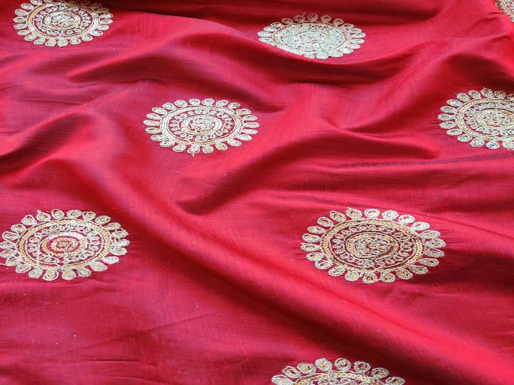 Maroon Flowers Sequins Dori Buttas Embroidered Chanderi Fabric