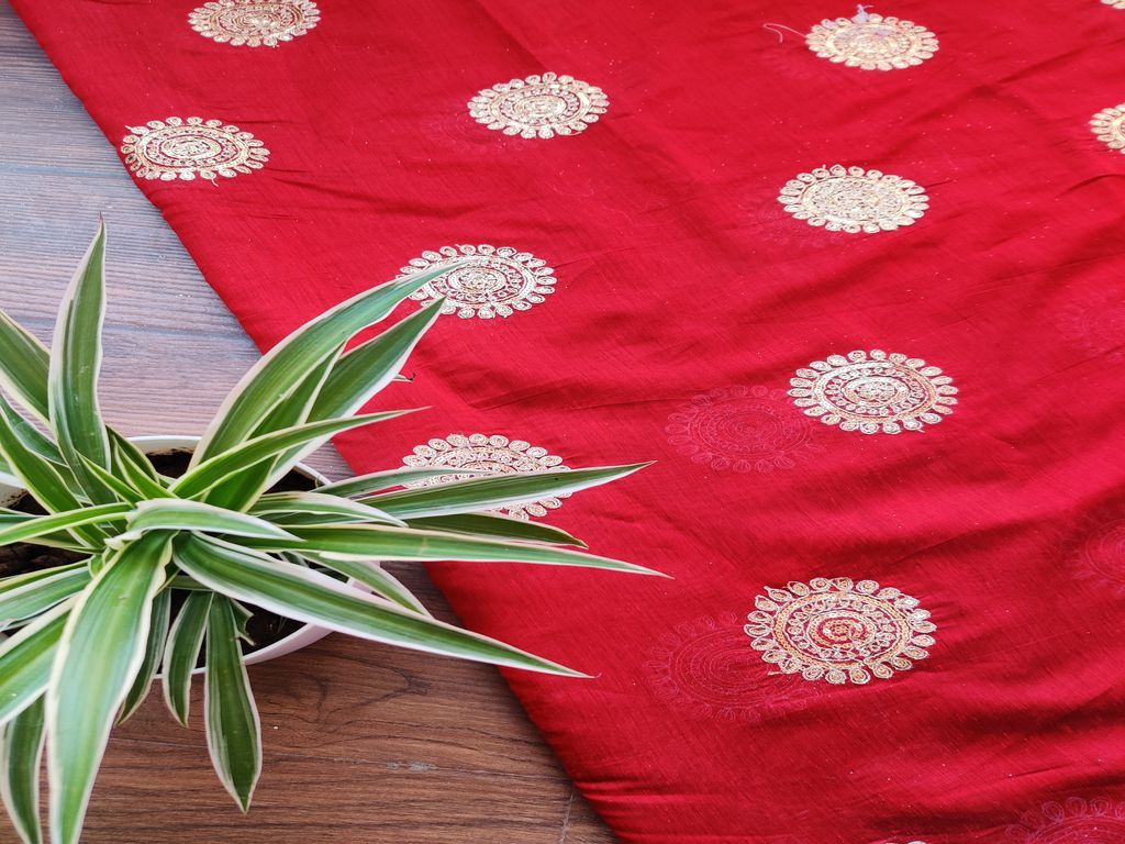 Maroon Flowers Sequins Dori Buttas Embroidered Chanderi Fabric