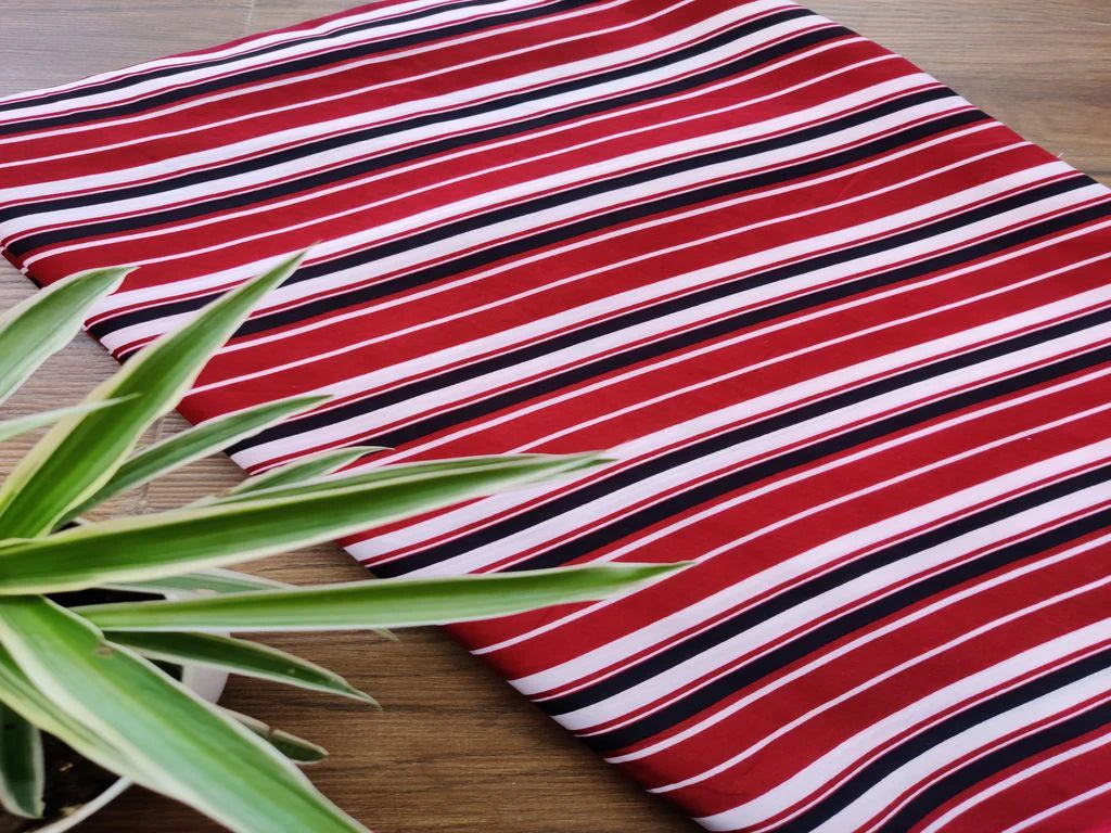 Maroon White Stripes Printed Poly Crepe Fabric