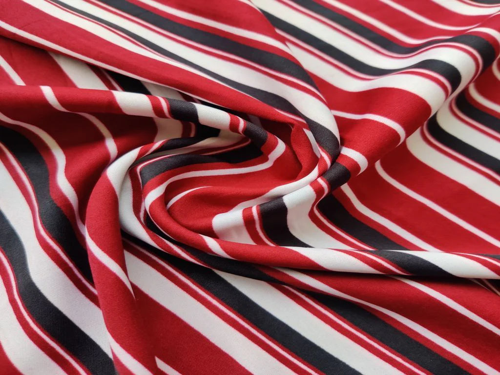 Maroon White Stripes Printed Poly Crepe Fabric