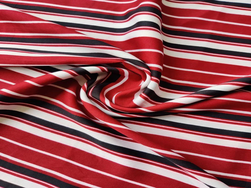 Maroon White Stripes Printed Poly Crepe Fabric