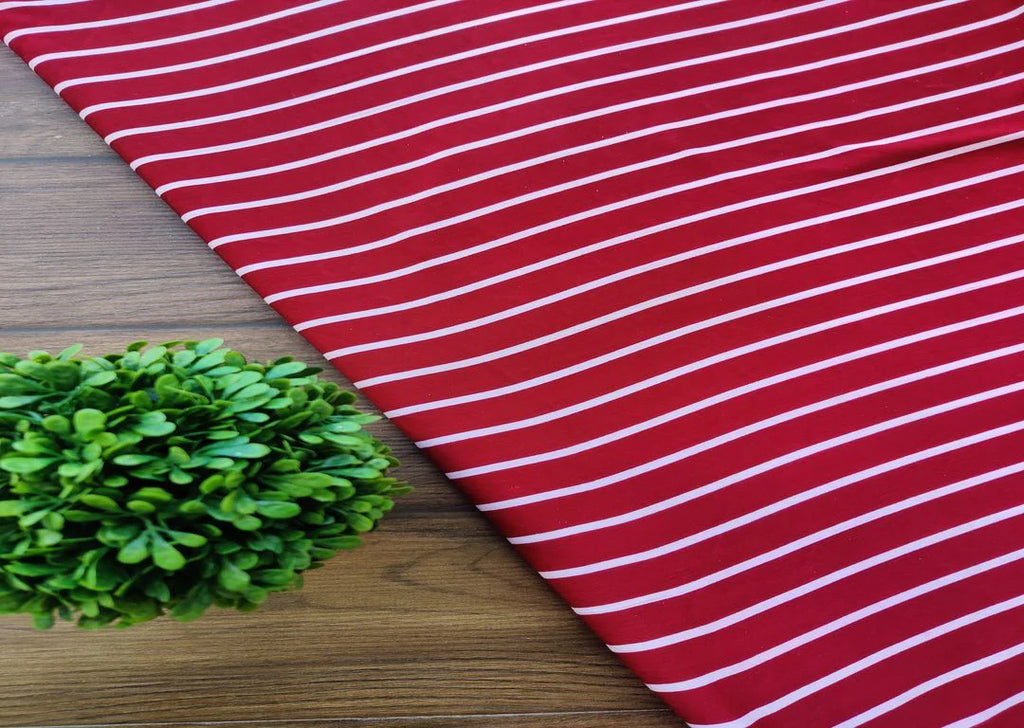 Maroon White Stripes Printed Poly Crepe Fabric