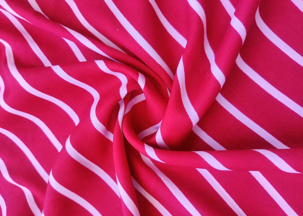 Maroon White Stripes Printed Poly Crepe Fabric
