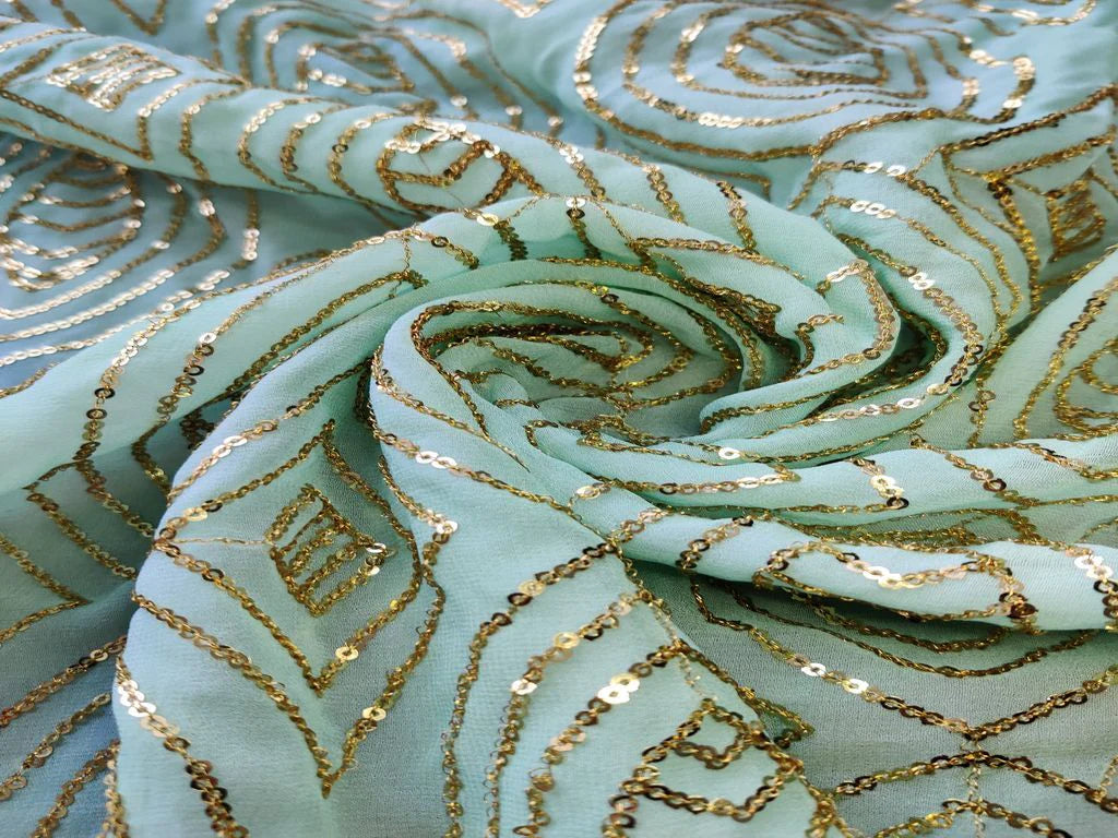 Mint Green Abstract Heavy Golden Sequins Embroidered Georgette Fabric