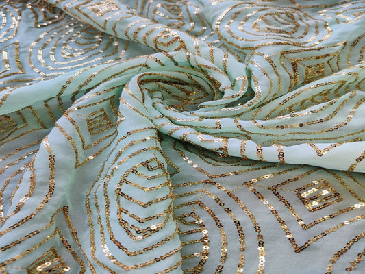 Mint Green Abstract Heavy Golden Sequins Embroidered Georgette Fabric