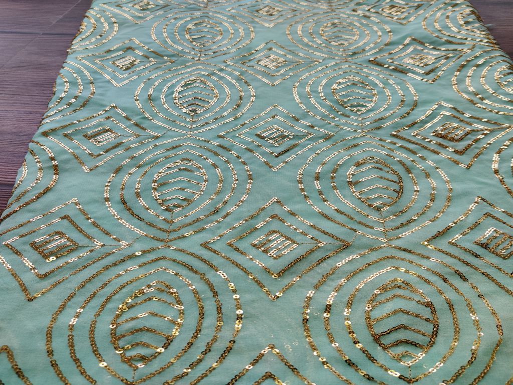 Mint Green Abstract Heavy Golden Sequins Embroidered Georgette Fabric