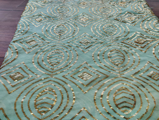 Mint Green Abstract Heavy Golden Sequins Embroidered Georgette Fabric