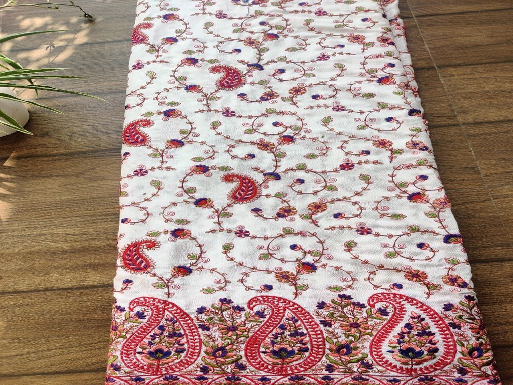 White Red Paisleys Kashmiri Work Embroidered Cotton Fabric