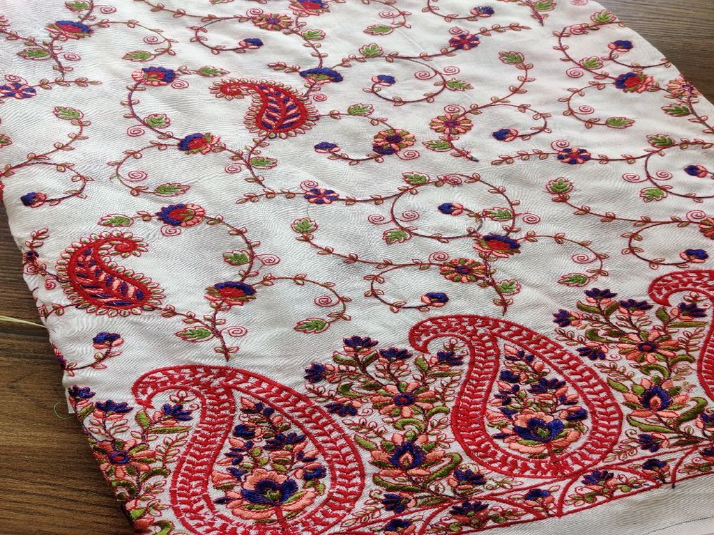 White Red Paisleys Kashmiri Work Embroidered Cotton Fabric
