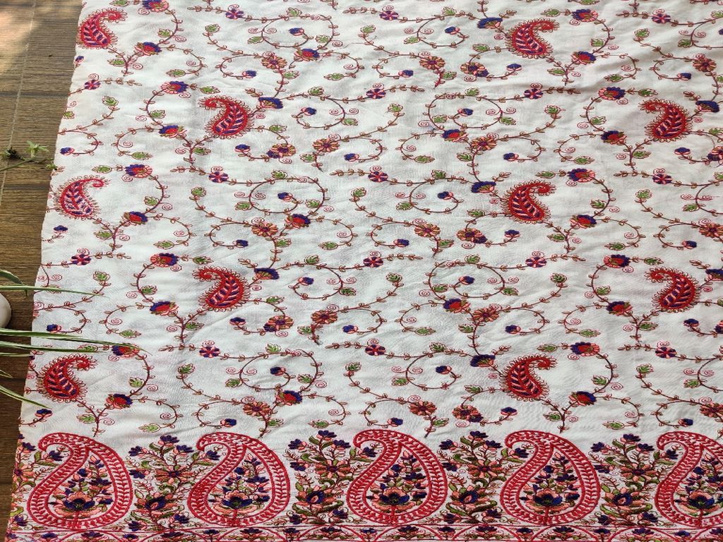 White Red Paisleys Kashmiri Work Embroidered Cotton Fabric