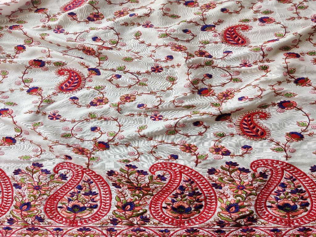 White Red Paisleys Kashmiri Work Embroidered Cotton Fabric