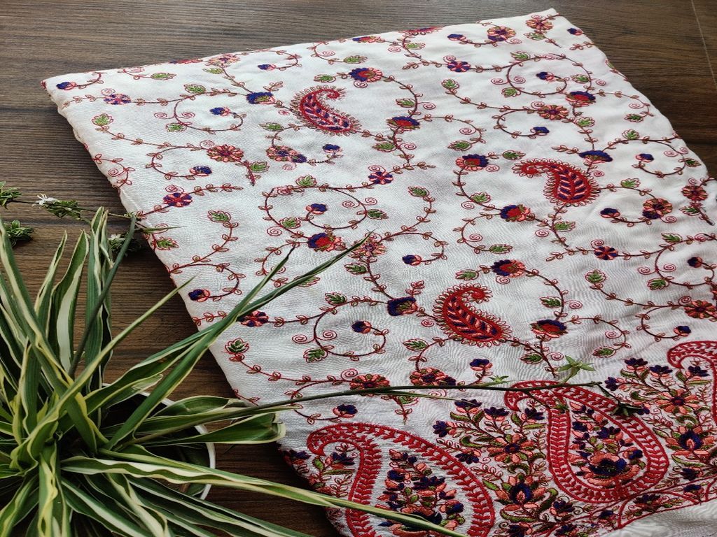 White Red Paisleys Kashmiri Work Embroidered Cotton Fabric