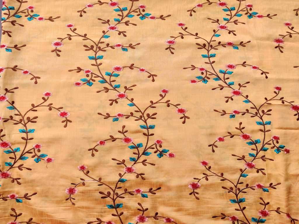 Mustard Heavy Embroidered Floral Taffeta Silk Fabric