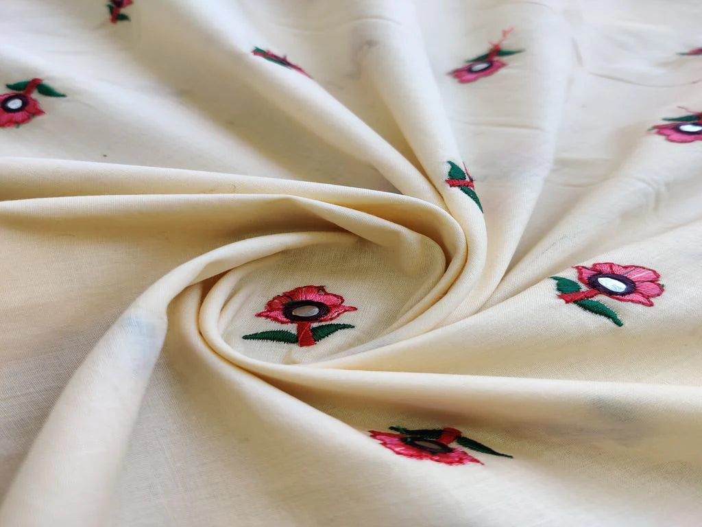 Off White Floral Mirror and Thread Work Embroidered Cotton Fabric