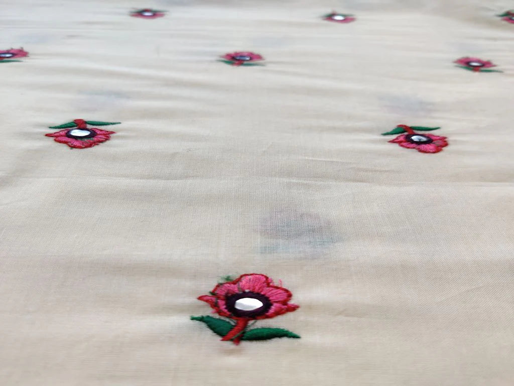 Off White Floral Mirror and Thread Work Embroidered Cotton Fabric