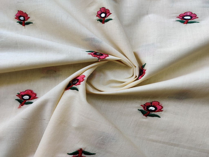 Off White Floral Mirror and Thread Work Embroidered Mul cotton Fabric