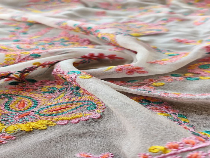 Off White Multicolour Paisleys Kashmiri Embroidered Georgette Fabric
