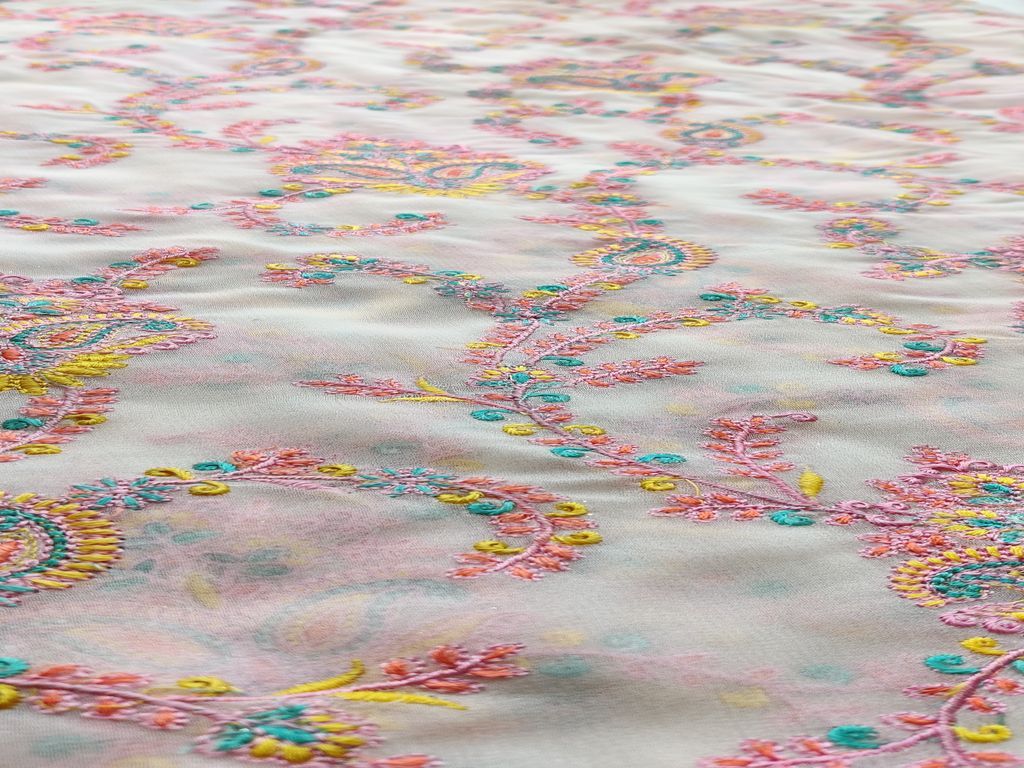 Off White Multicolour Paisleys Kashmiri Embroidered Georgette Fabric