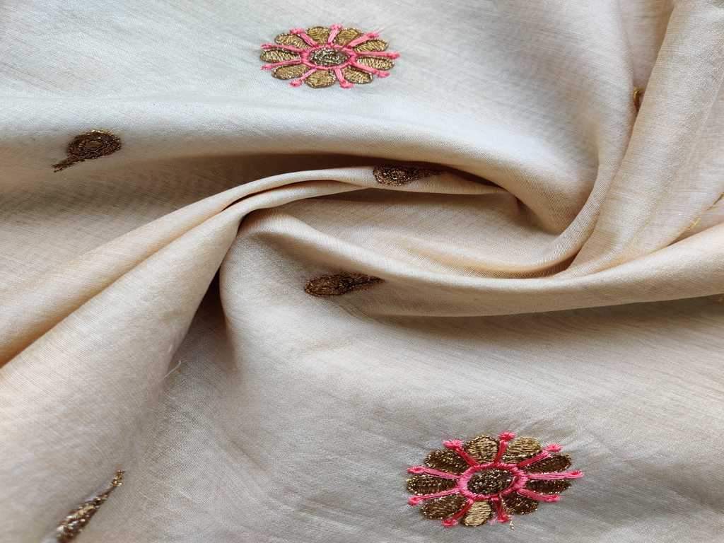Off White Floral Modal Embroidered Chanderi Fabric