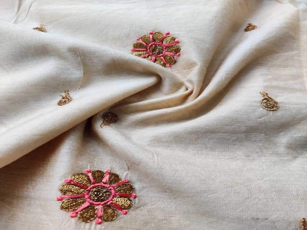 Off White Floral Modal Embroidered Chanderi Fabric