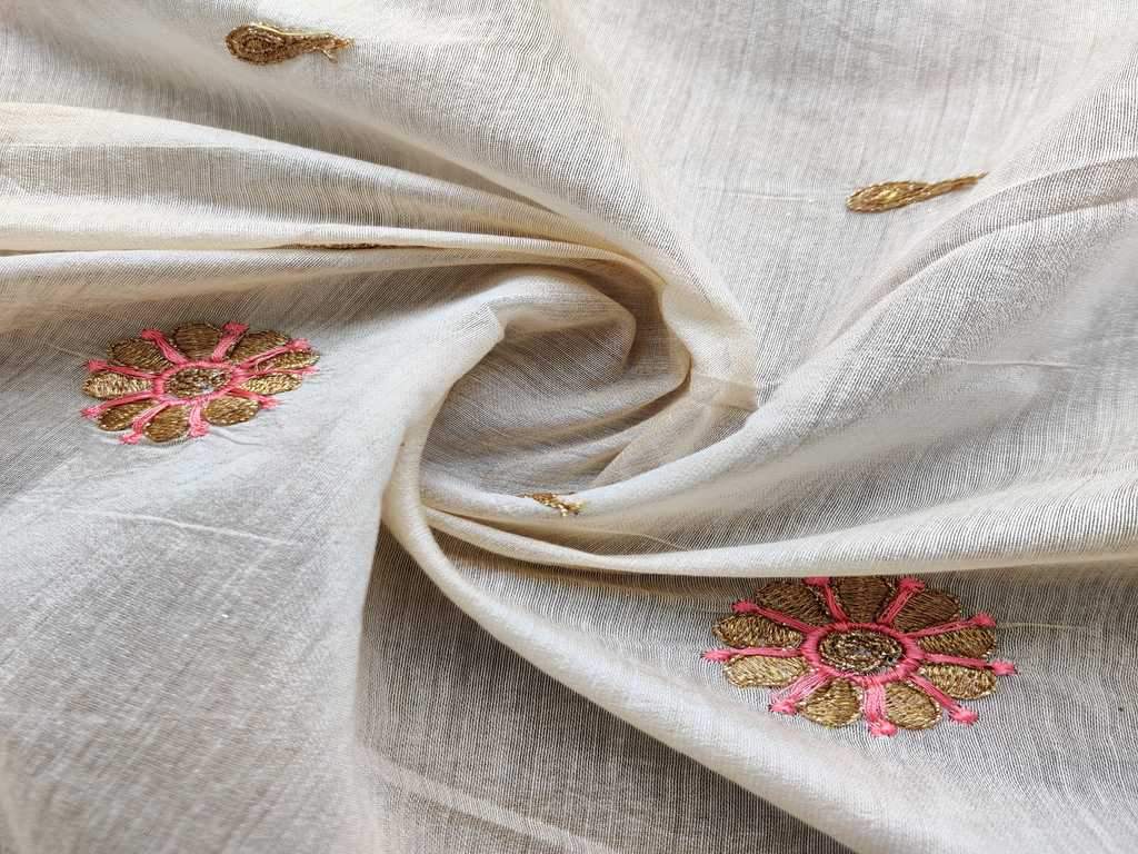 Off White Floral Modal Embroidered Chanderi Fabric