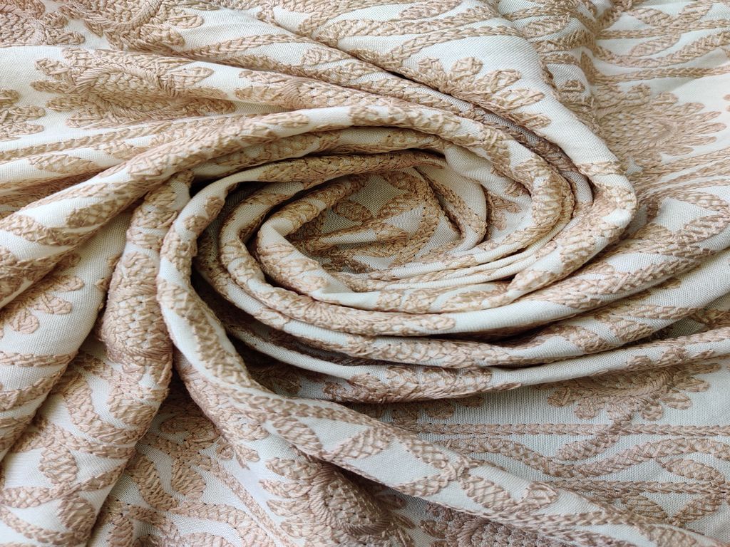 Off White Beige Floral Heavy Chikankari Embroidered Rayon Fabric