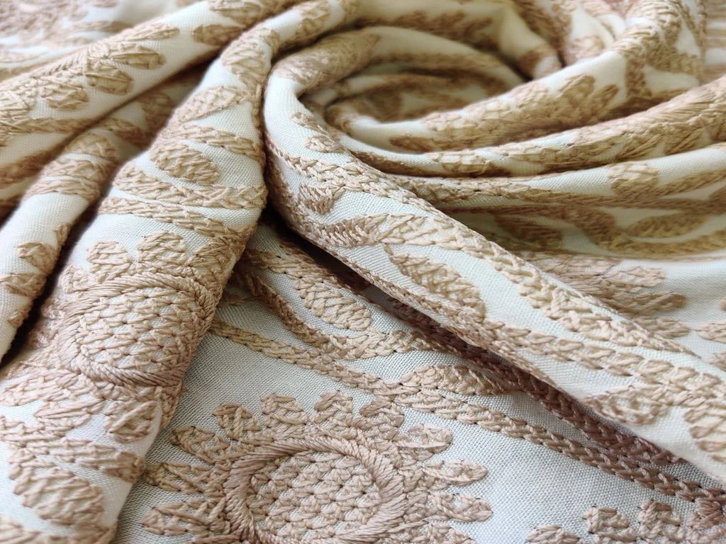 Off White Beige Floral Heavy Chikankari Embroidered Rayon Fabric