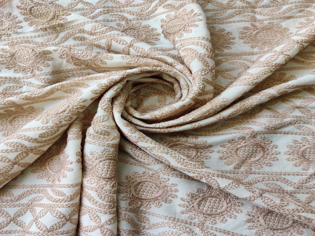 Off White Beige Floral Heavy Chikankari Embroidered Rayon Fabric