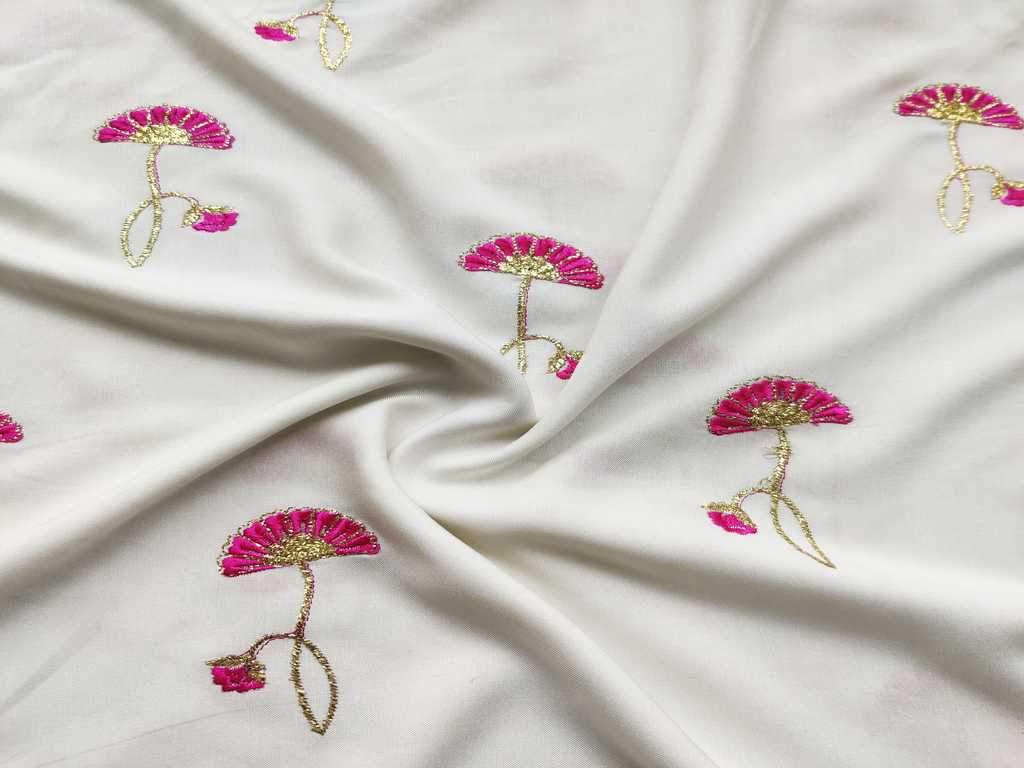 Off White Pink Flowers Embroidered Rayon Fabric
