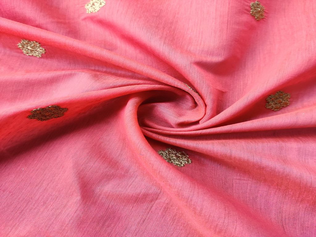 Orange Golden Floral Embroidered Chanderi Fabric